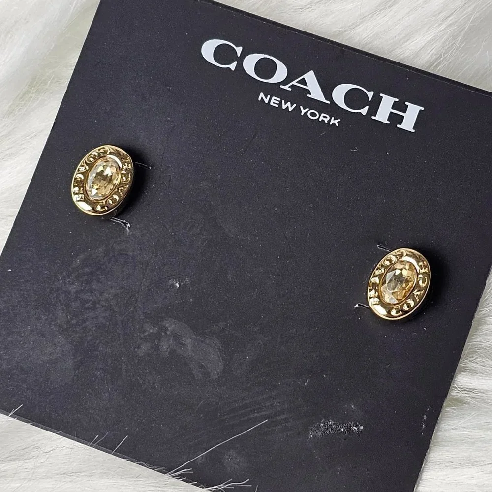 Coach Gold Tone and Oval Crystal Stud Earrings - Picture 2 of 5